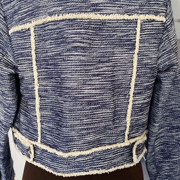 Catherine Malindrino tweed blazer jacket women’s size medium navy blue cream but - Picture 7 of 13